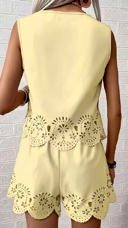 Elegant Hollow-Out Design Short-Sleeve Top and Shorts Two-Piece Set