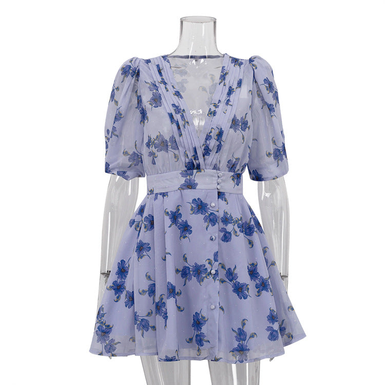 V-neck puff sleeve pleated mini dress - blue