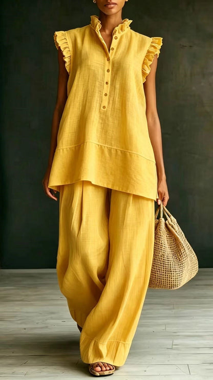 Ruffled Sleeveless Shirt and Loose-Fit Trousers Two-Piece Set