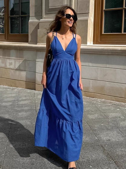 Blue V-neck camisole linen A-line maxi dress