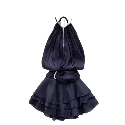 Halter neck beaded mini dress with ruffled chiffon
