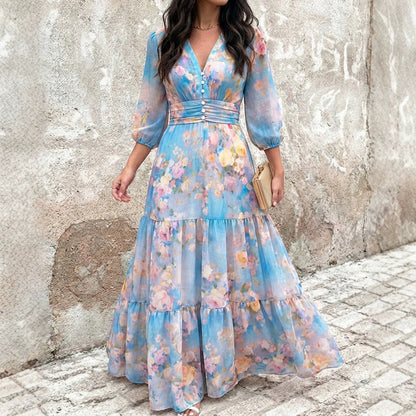 cross-border vintage floral print loose puff sleeve maxi dress