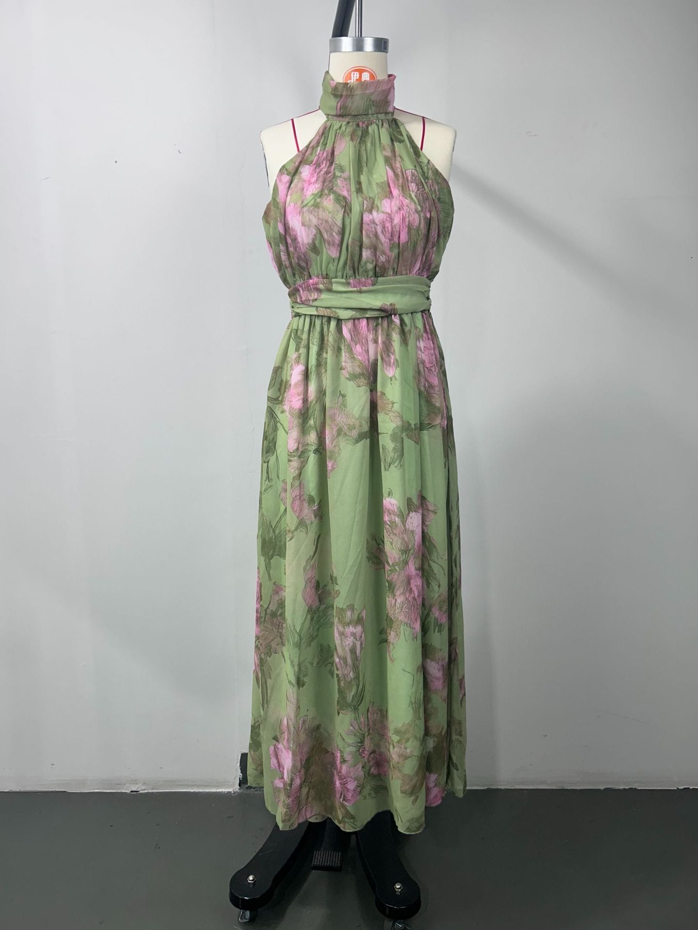 polly Green Floral Chiffon Halter Maxi Dress