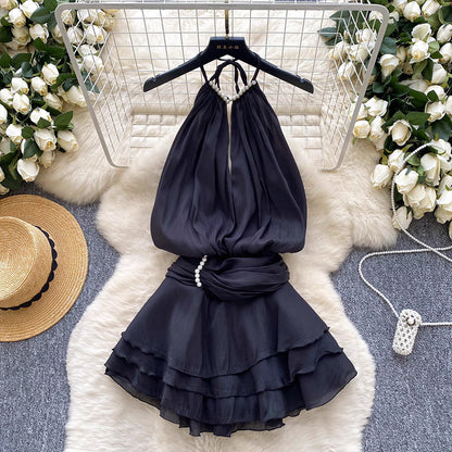 Halter neck beaded mini dress with ruffled chiffon
