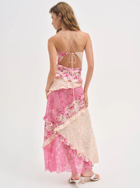 Hollow-out deep V-neck ruffled floral backless maxi dress