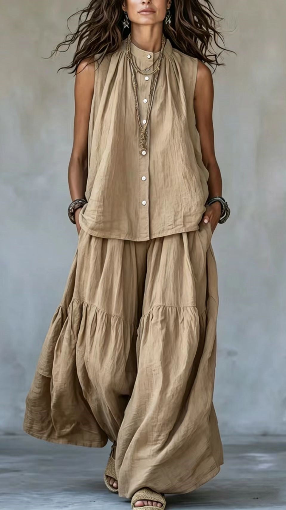 Stand-Collar, Sleeveless Top with Front Placket &amp; Wide-Leg Pants
