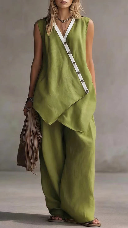 V-Neck Sleeveless Wide-Leg Pants Two-Piece Set with Asymmetrical Buttons