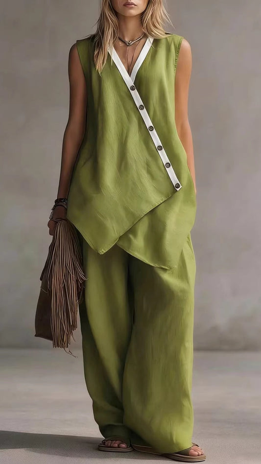 V-Neck Sleeveless Wide-Leg Pants Two-Piece Set with Asymmetrical Buttons