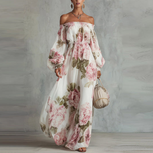 off-shoulder Print lantern sleeve maxi dress