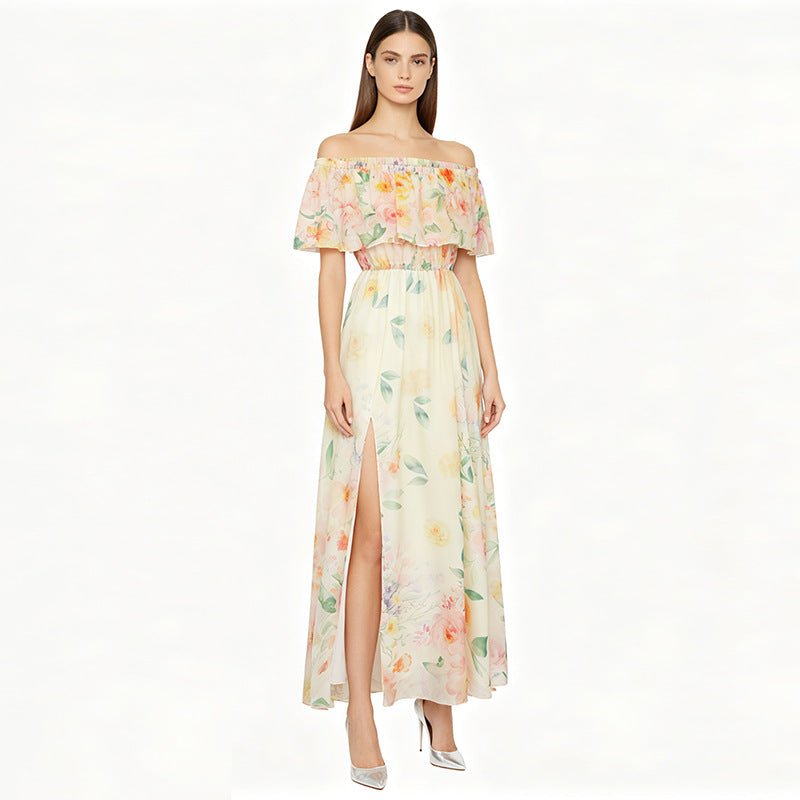 Off-shoulder print slit chiffon maxi dress - pale yellow