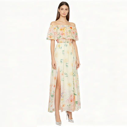 Off-shoulder print slit chiffon maxi dress - pale yellow