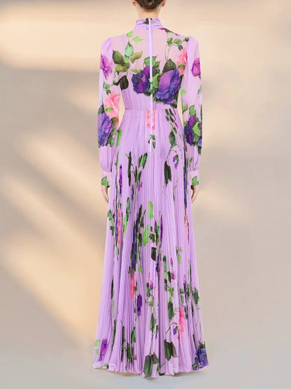 Purple floral print long-sleeved pleated maxi dress