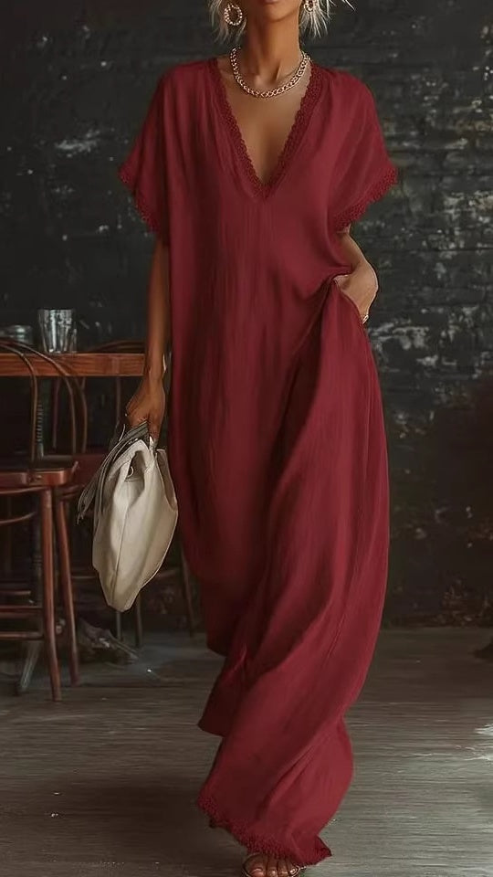 Women's Lace-Trimmed V-Neck Loose-Fit Dress