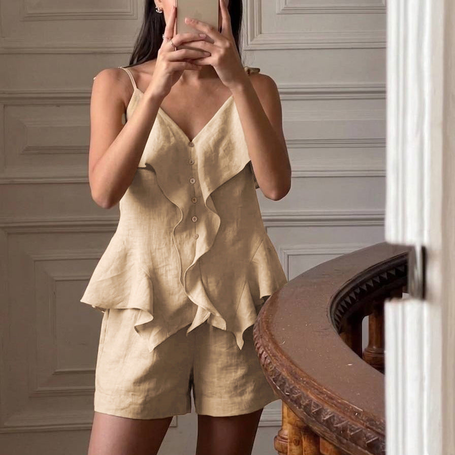 Cotton ruffled top & shorts two-piece set - pink