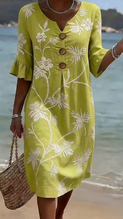 Women's Vacation-Style V-Neck Printed Loose-Fit Dress with Mid-Length Sleeves