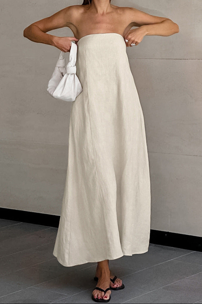 cotton linen strapless A-line midi dress