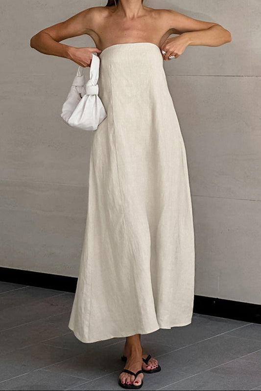 cotton linen strapless A-line midi dress