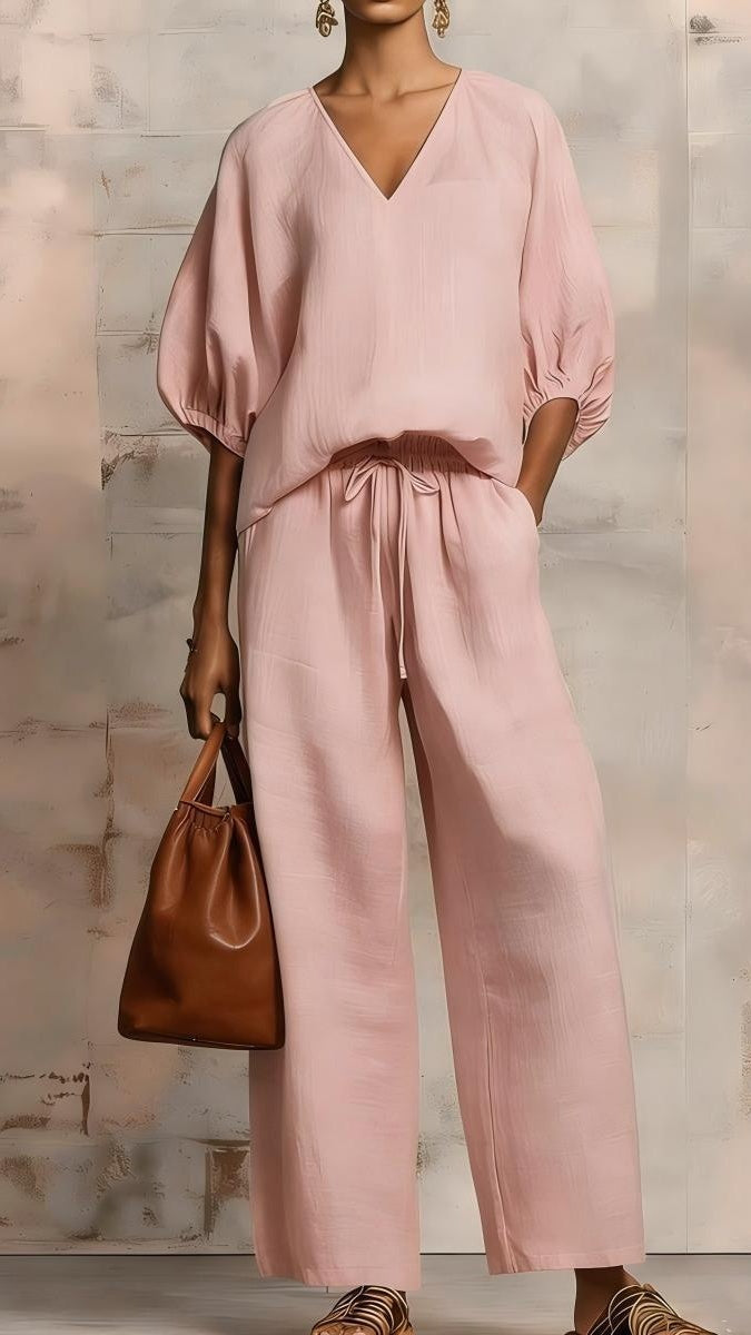Women's Minimalist Solid-Color Loose-Fit V-Neck Casual Two-Piece Set