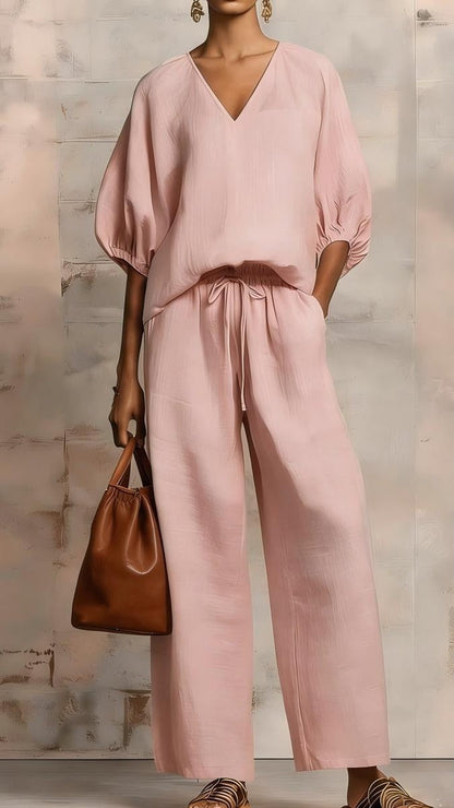 Women's Minimalist Solid-Color Loose-Fit V-Neck Casual Two-Piece Set