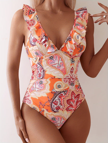 v-neck floral ruffle bikini