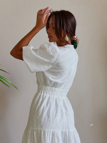 V-neck openwork embroidery maxi dress