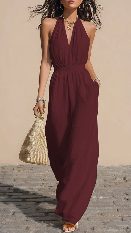 Halter-Neck V-Neck Slim-Fit Jumpsuit