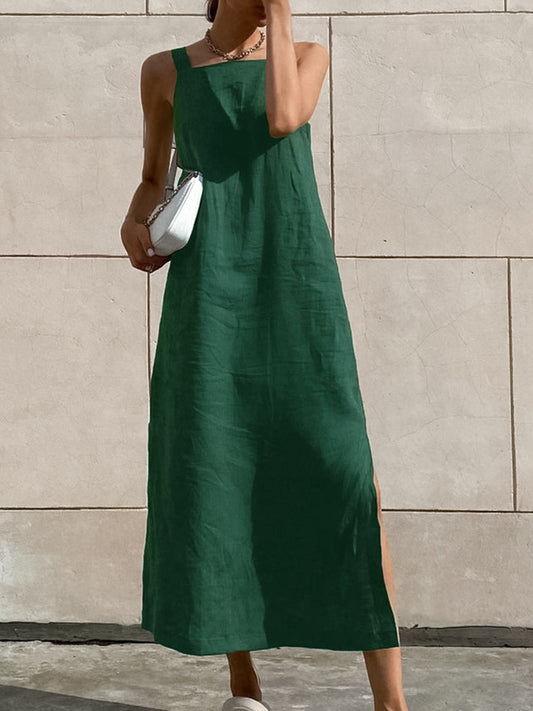 cotton linen side slit strap midi dress