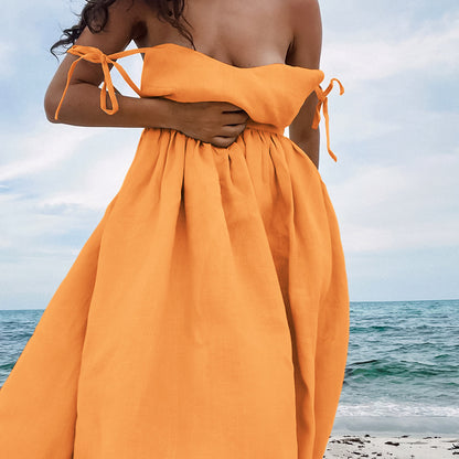 cotton linen backless strap midi dress