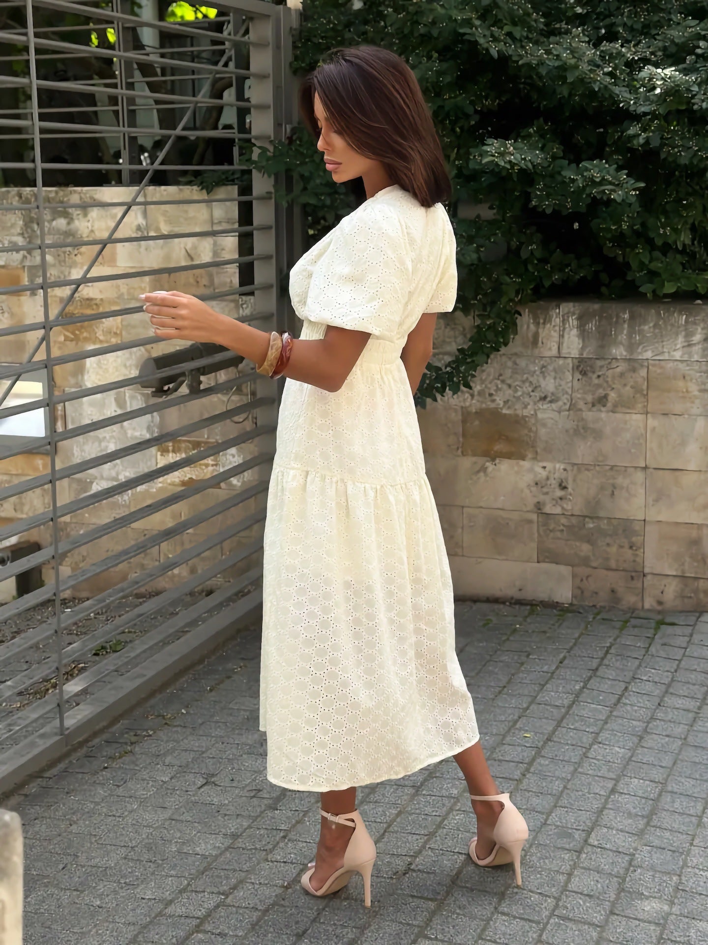 V-neck openwork embroidery maxi dress