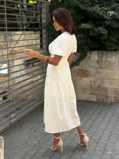 V-neck openwork embroidery maxi dress