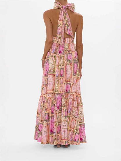 V-neck halter neck printed maxi dress - pink