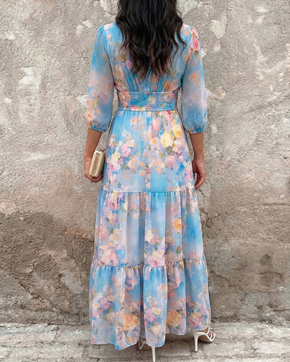 cross-border vintage floral print loose puff sleeve maxi dress