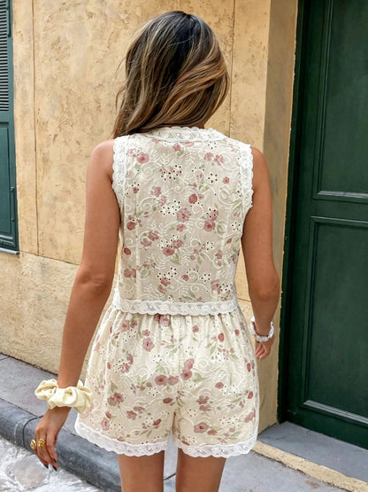 Hollow floral print ves & shorts two-piece set