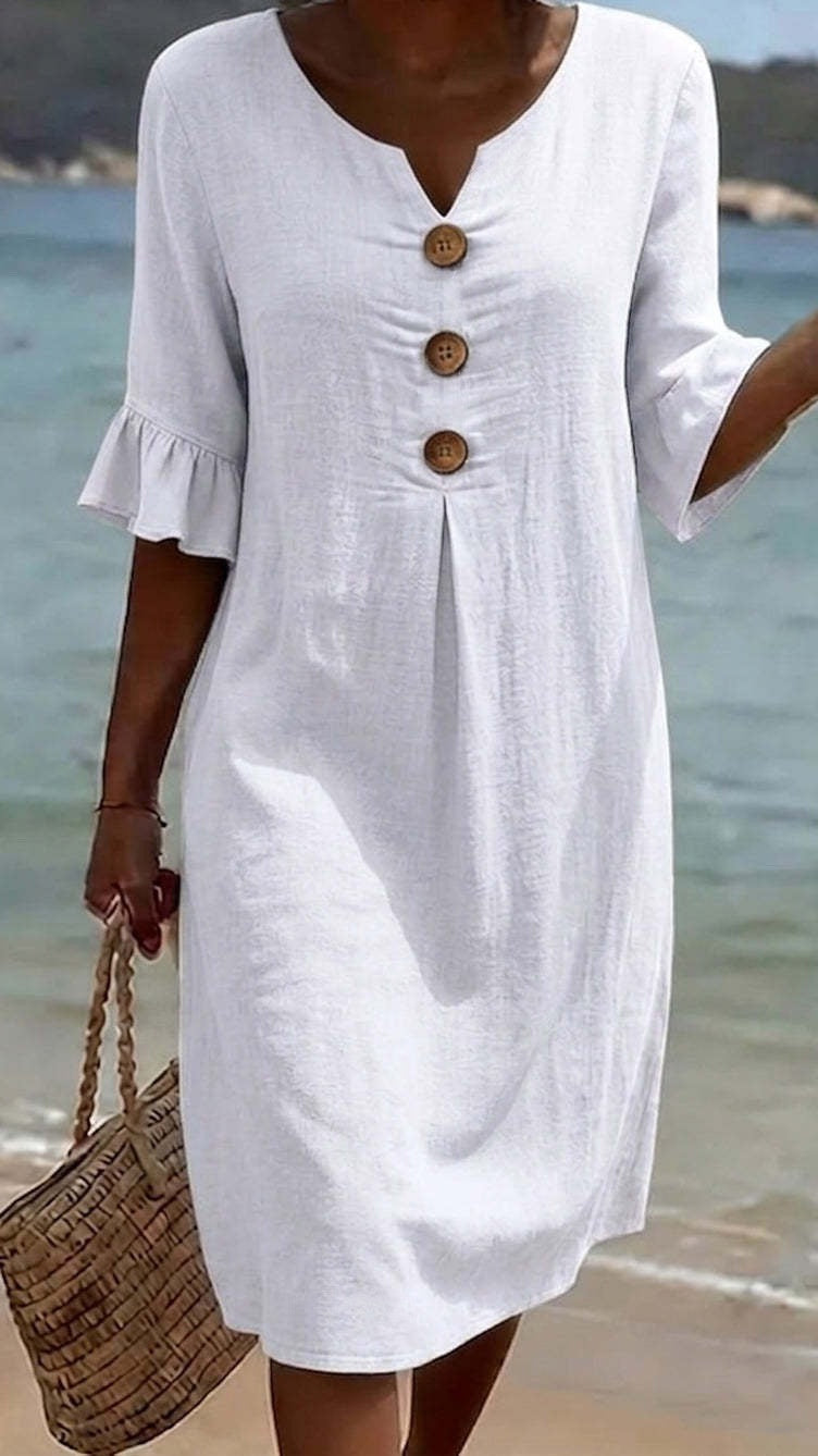 Cotton-Linen Dress with V-Neck, Large Buttons, and Ruffled Sleeves