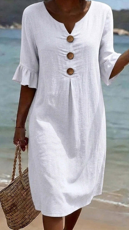 Cotton-Linen Dress with V-Neck, Large Buttons, and Ruffled Sleeves
