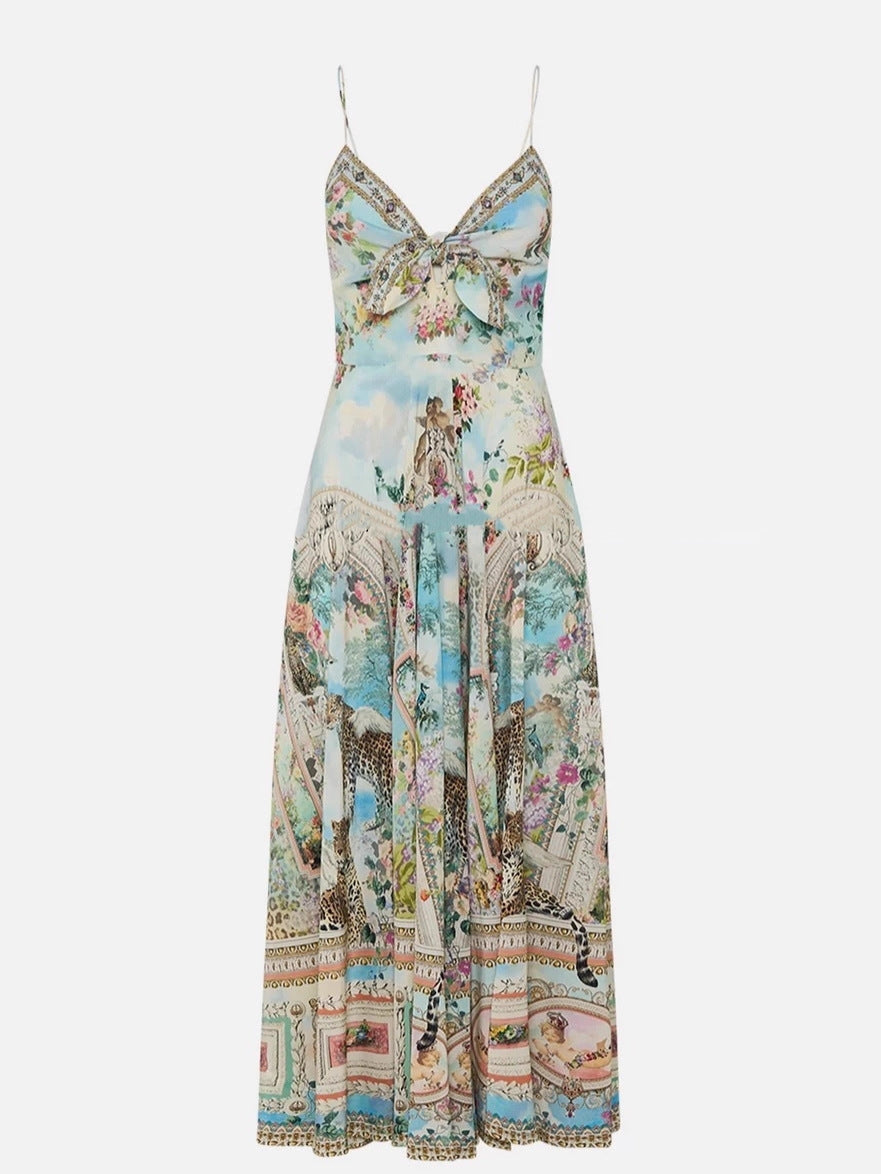 Retro oil painting print halter maxi dress