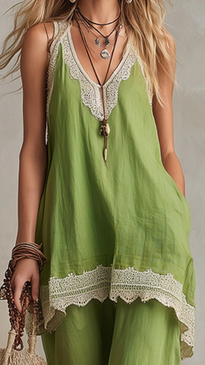Bohemian-Style Vacation Dress with Lace Straps