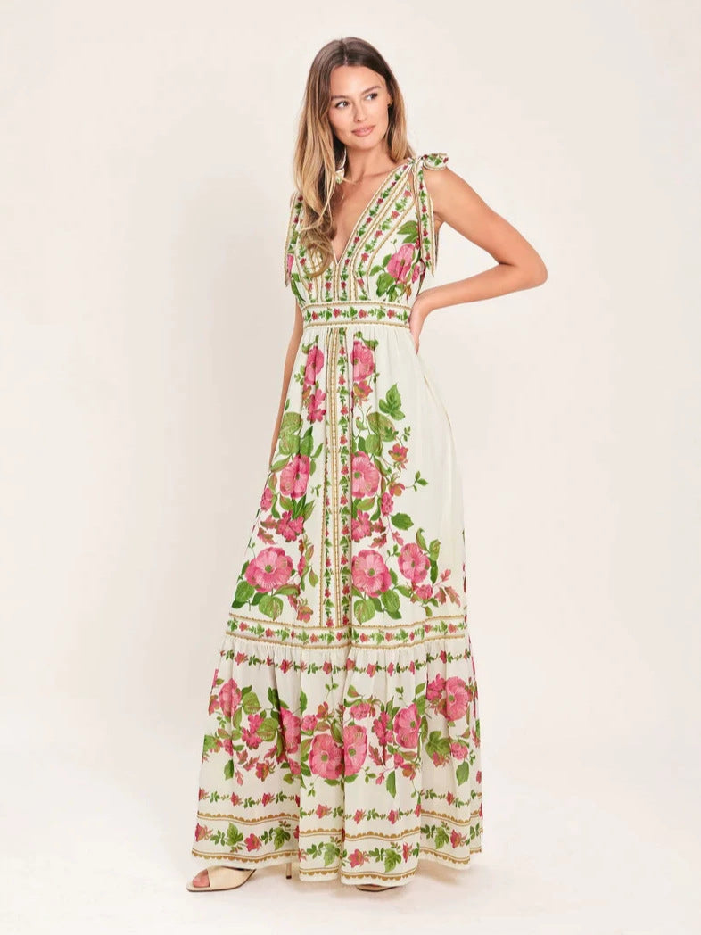 Floral rose vine print maxi dress - green