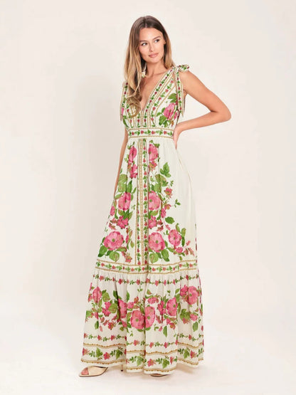 Floral rose vine print maxi dress - green