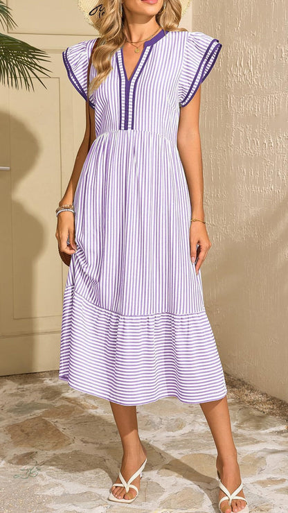 Women's Striped Short-Sleeve Dress with Double Ruffles and Contrast V-Neck