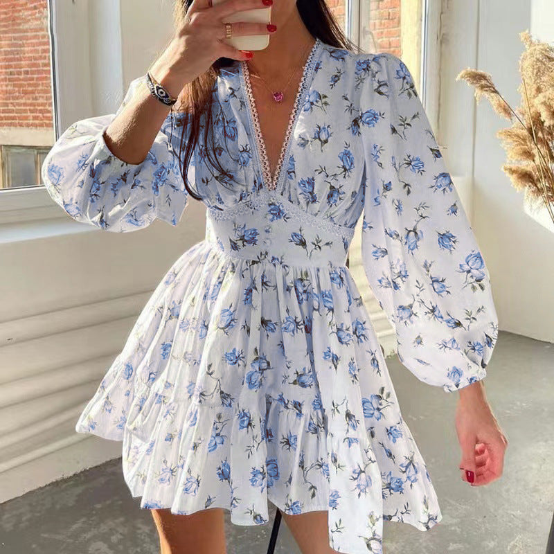 Printed V-neck puff sleeve lace mini dress