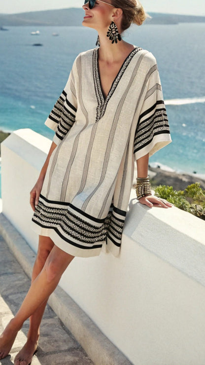 linen v-neck printed loose mini dress