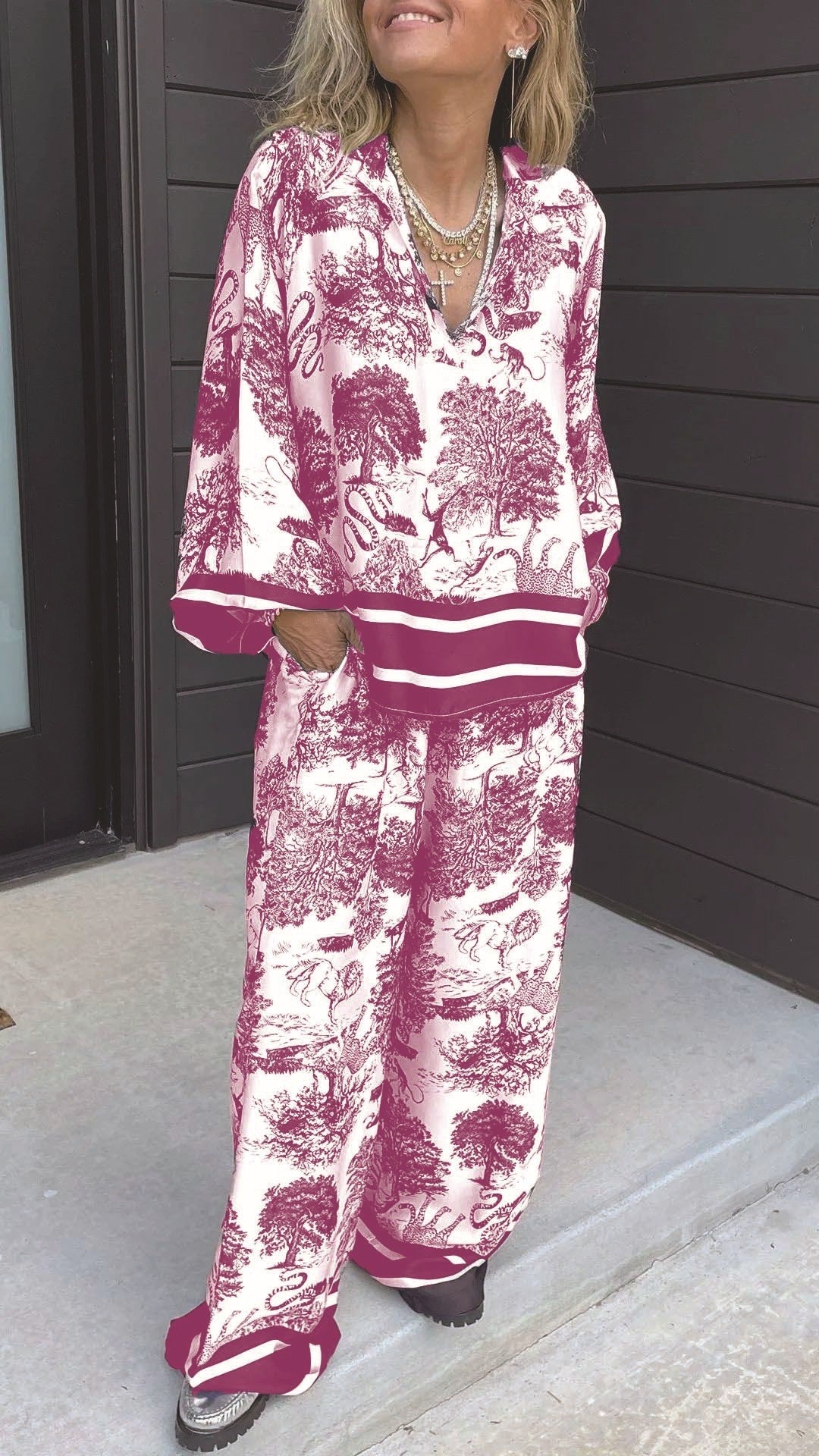 Casual V-Neck Printed Long-Sleeve Two-Piece Set with Pockets