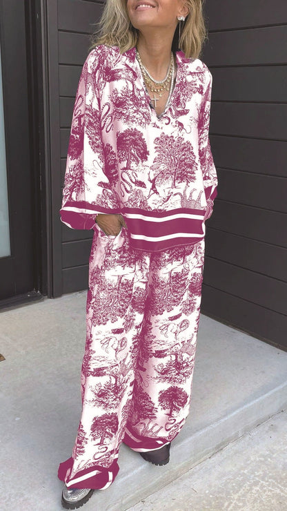 Casual V-Neck Printed Long-Sleeve Two-Piece Set with Pockets