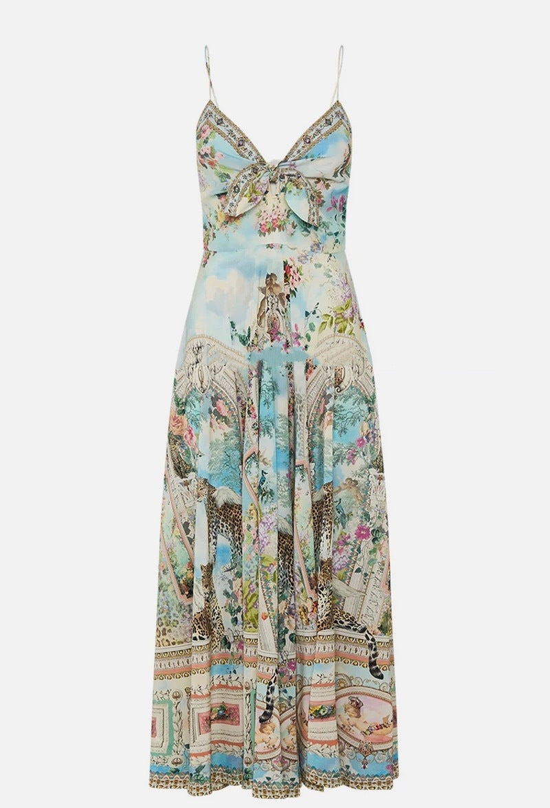 Retro oil painting print halter maxi dress
