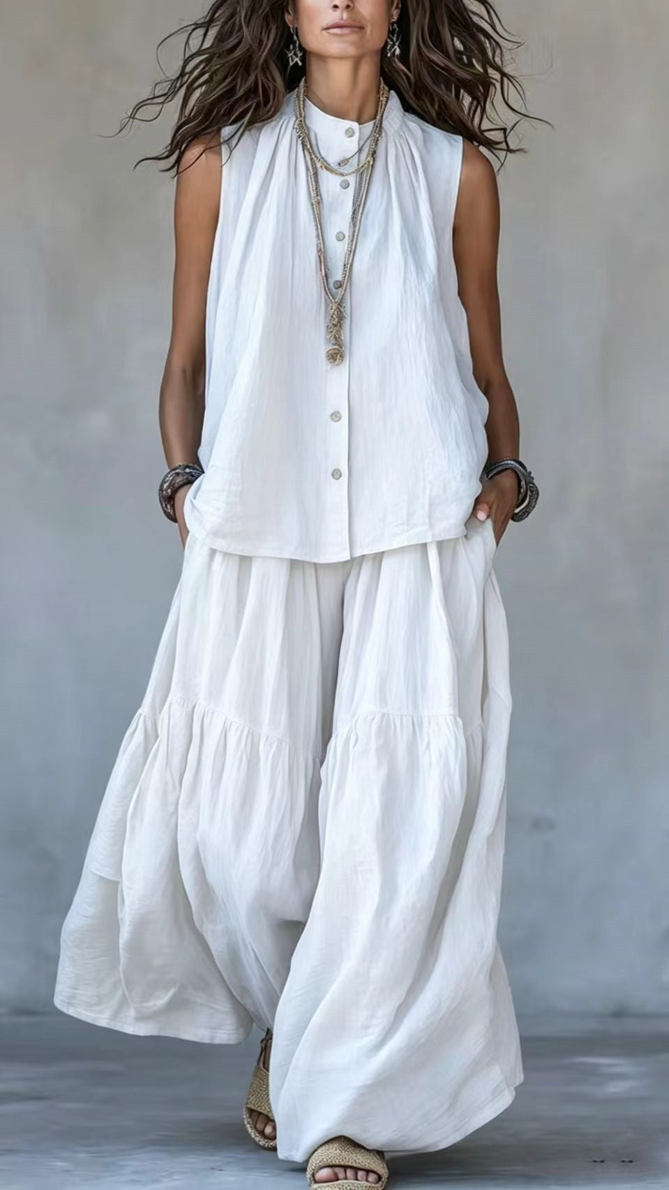 Stand-Collar, Sleeveless Top with Front Placket &amp; Wide-Leg Pants