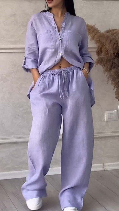 Women's Casual Cotton-Linen Solid-Color Shirt & Drawstring Wide-Leg Pants Two-Piece Set