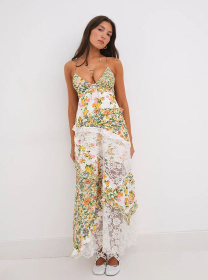 Hollow-out deep V-neck ruffled floral backless maxi dress