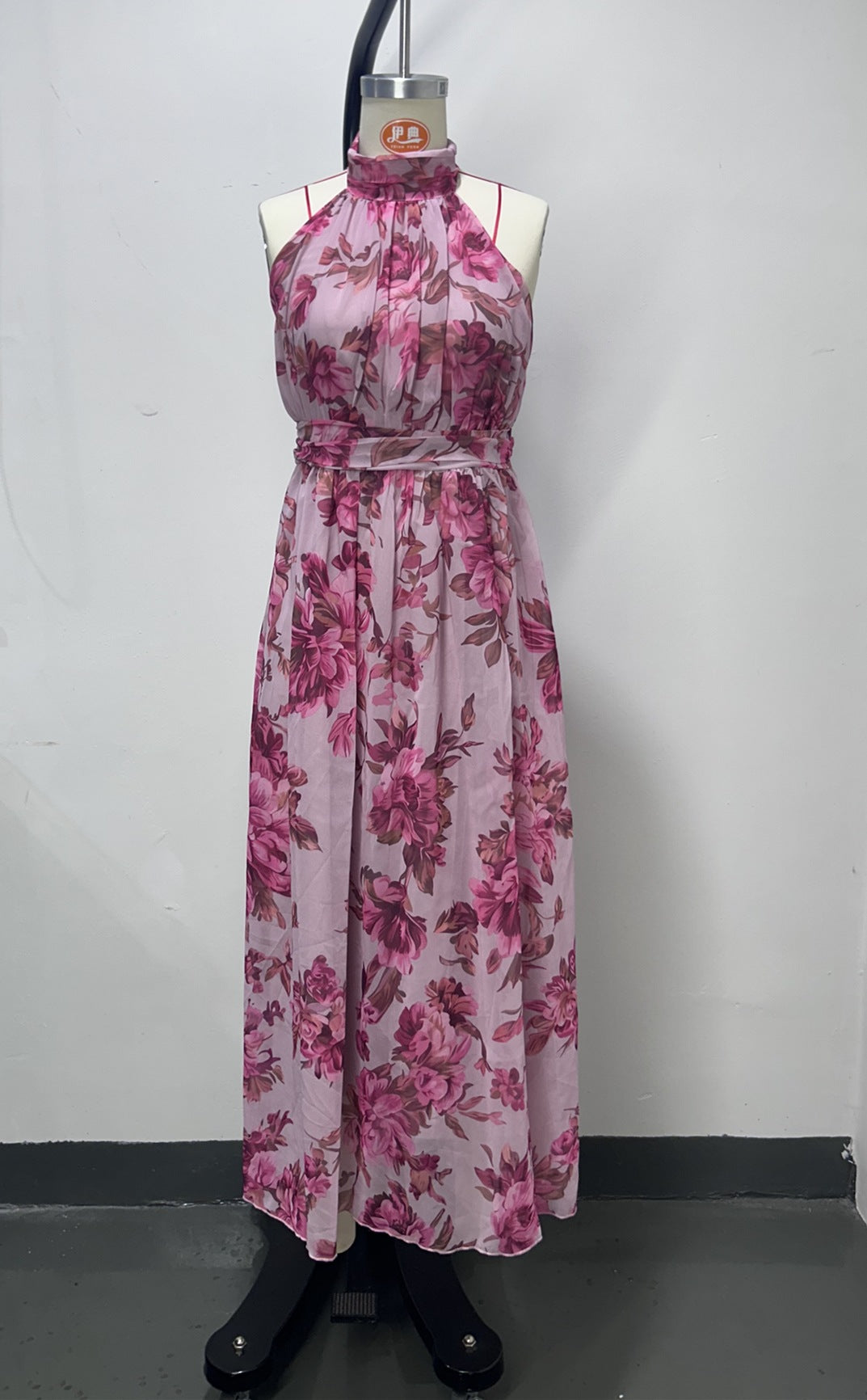 polly Green Floral Chiffon Halter Maxi Dress
