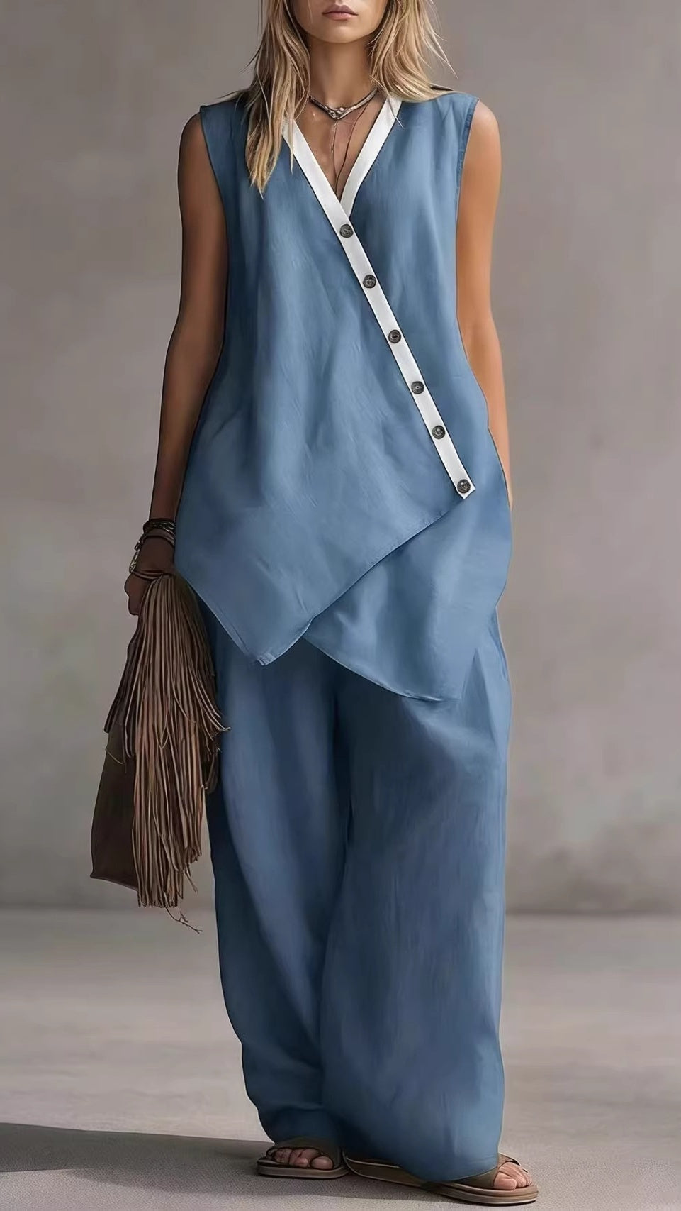 V-Neck Sleeveless Wide-Leg Pants Two-Piece Set with Asymmetrical Buttons